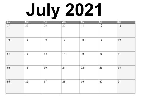 Calendar July 2021 Printable Free